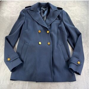 Tommy Hilfiger Pea Coat Double Breasted 8 Navy Pure Wool Pleated Gold Buttons
